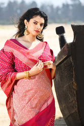 'Shabnam' Raspberry Red-Pink Pure Resham Cotton Alfi Booti Tilfi Border  Banarasi Handloom Saree